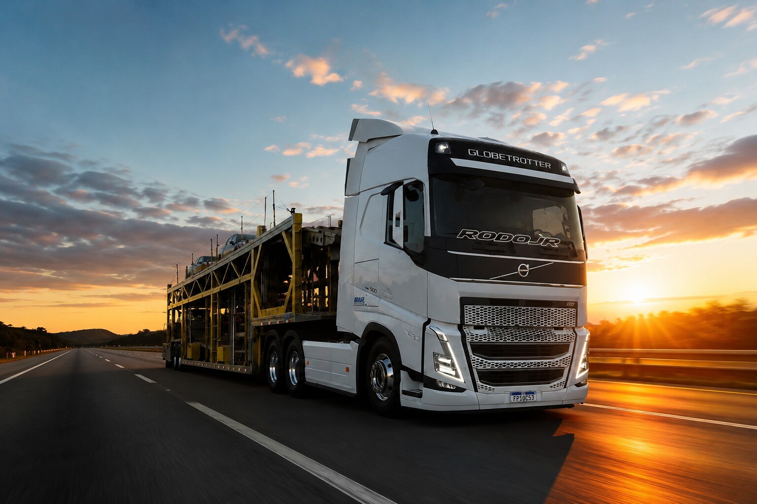 Caminhão cegonha branco da frota JRX